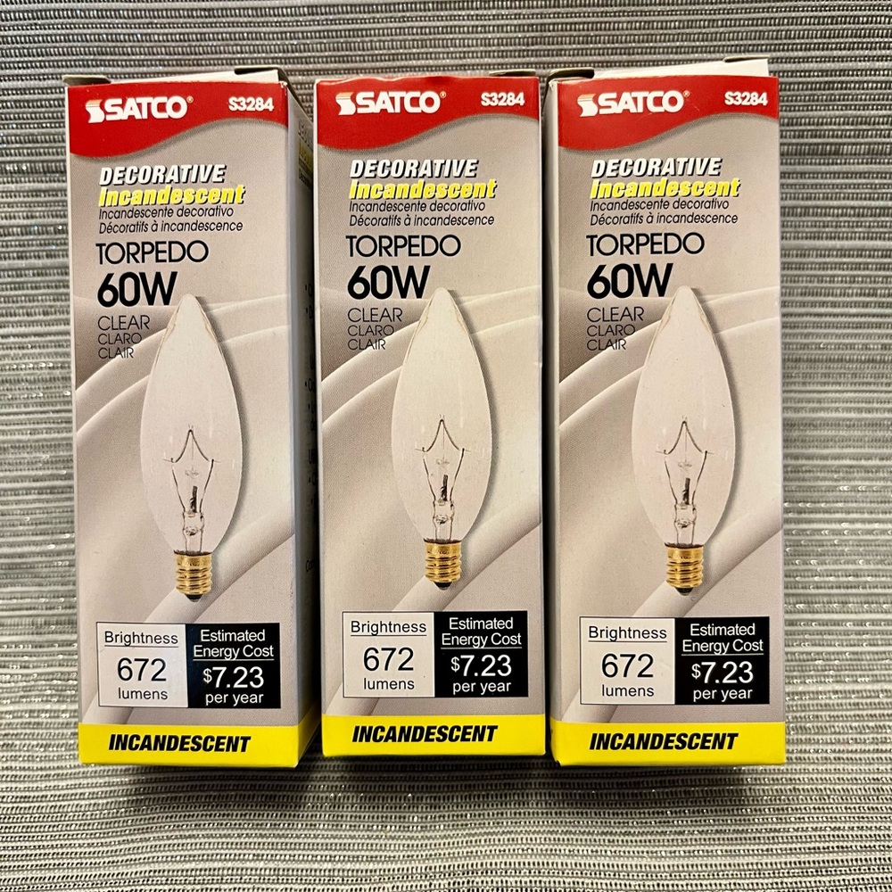 Lot of 3 Satco S3284 60W Clear Torpedo Candelabra Small Base bulbs